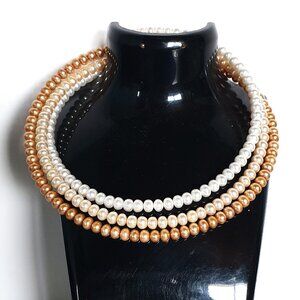 3 Strand Freshwater Pearl Choker Necklace Set White Ivory Pink 6mm Pearls